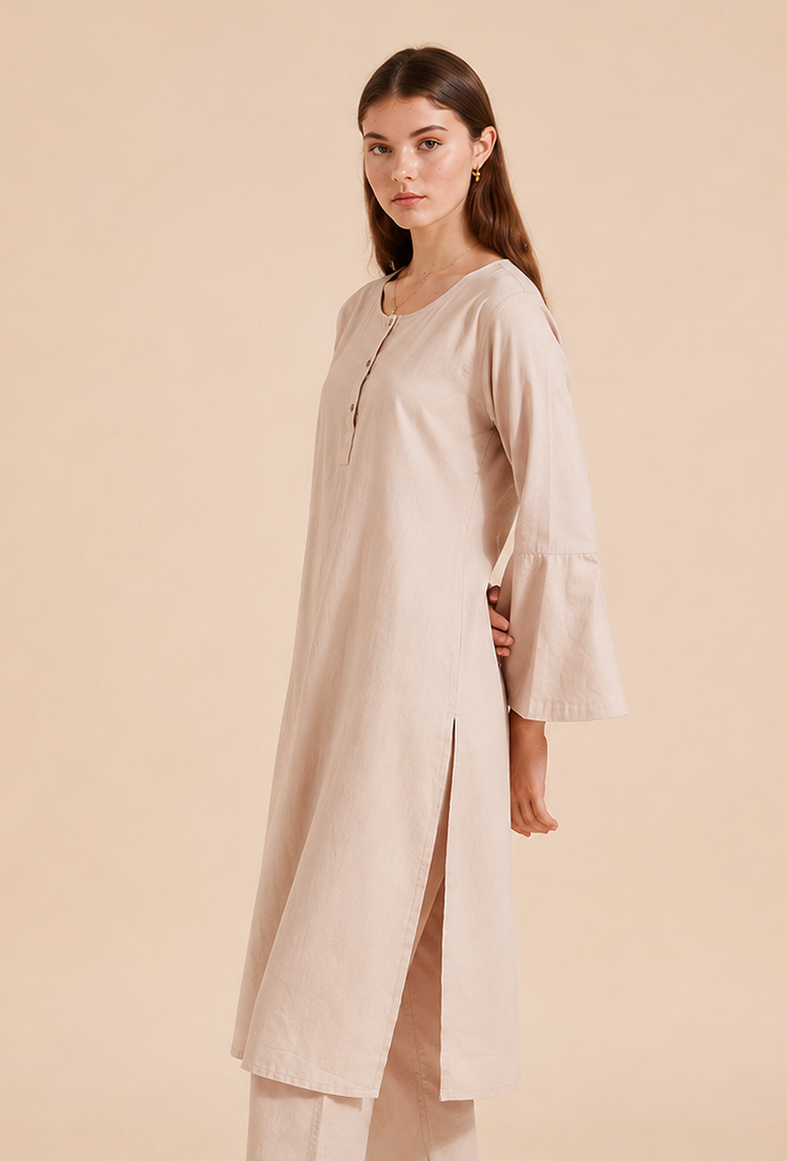 Beige Cotton Straight Kurta