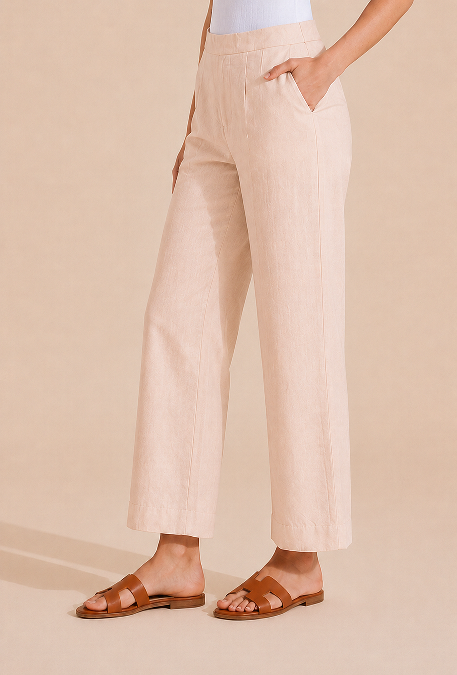 Beige Straight-Fit Cotton Pants