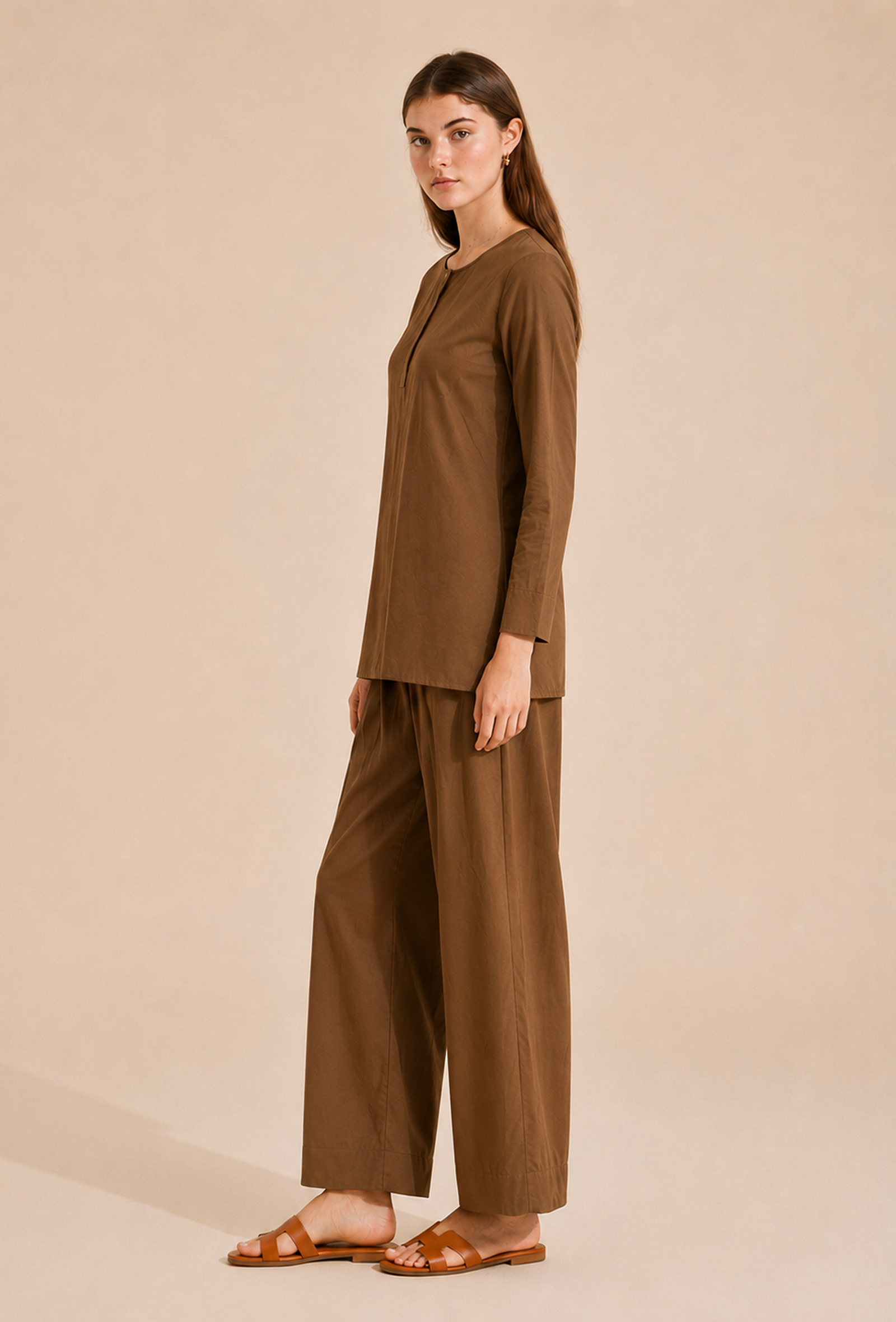 Set Of 2: Mocha Brown Cotton Kurta & Palazzo