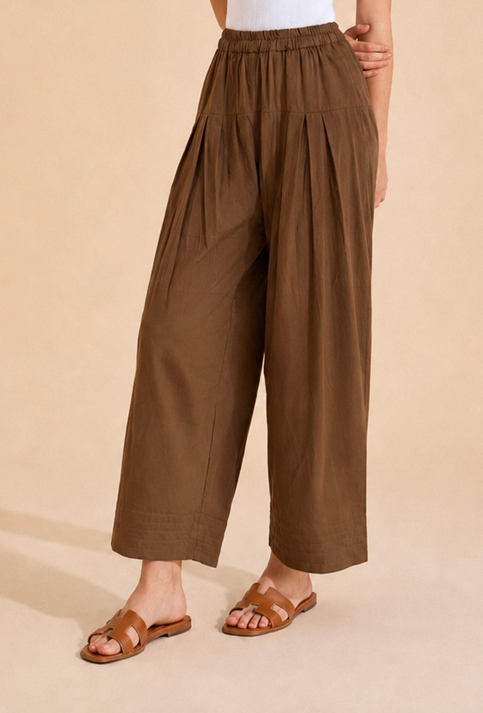 Mocha Brown Pleated Wide-Leg Cotton Pants