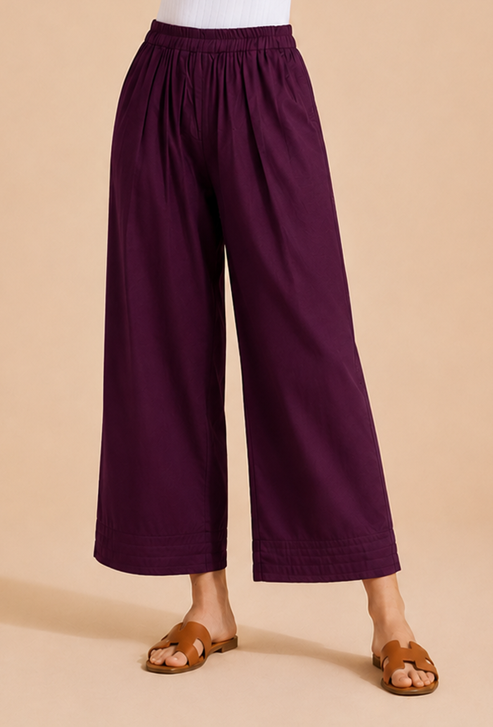 Deep Plum Wide-Leg Cotton Pants