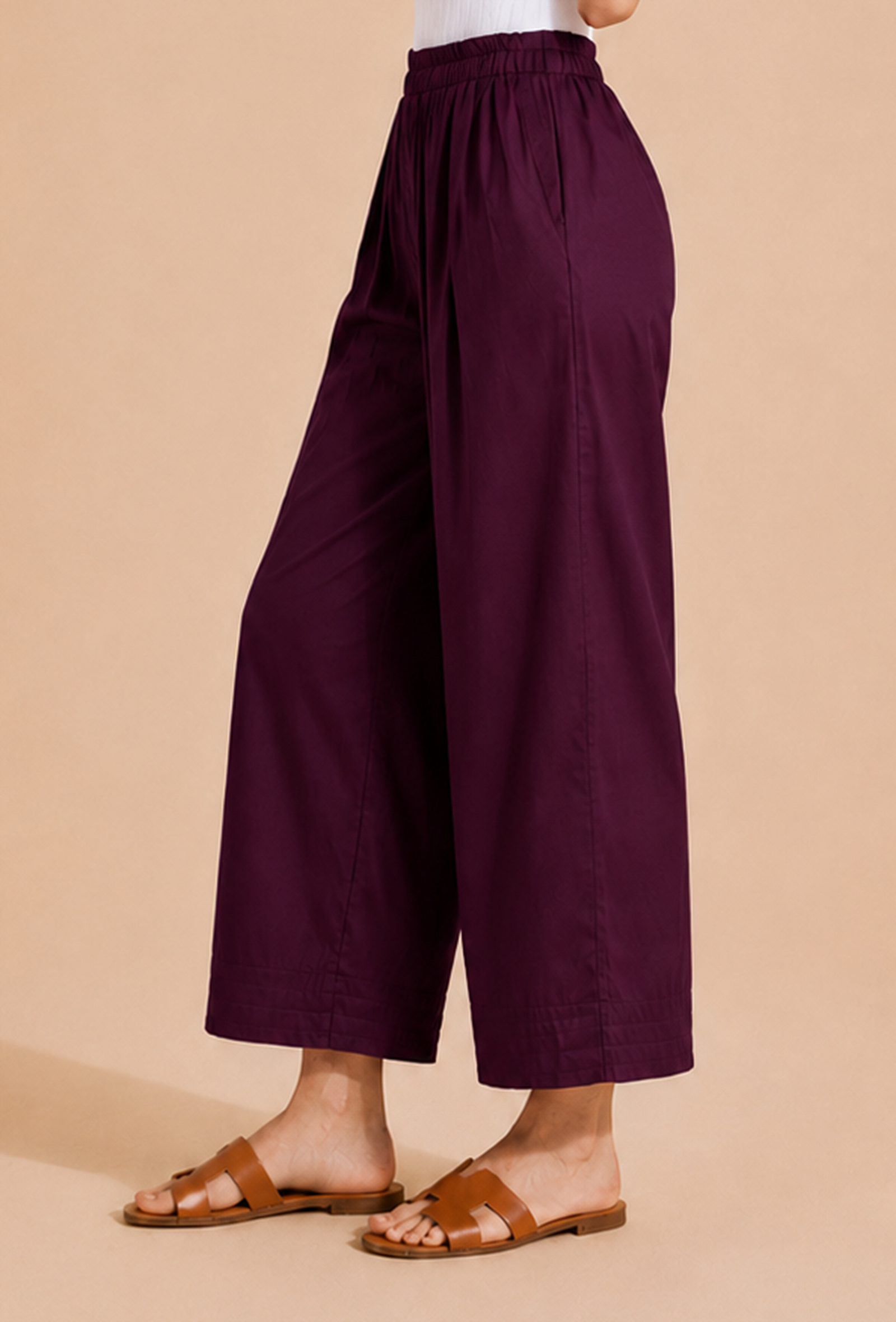 Deep Plum Wide-Leg Cotton Pants