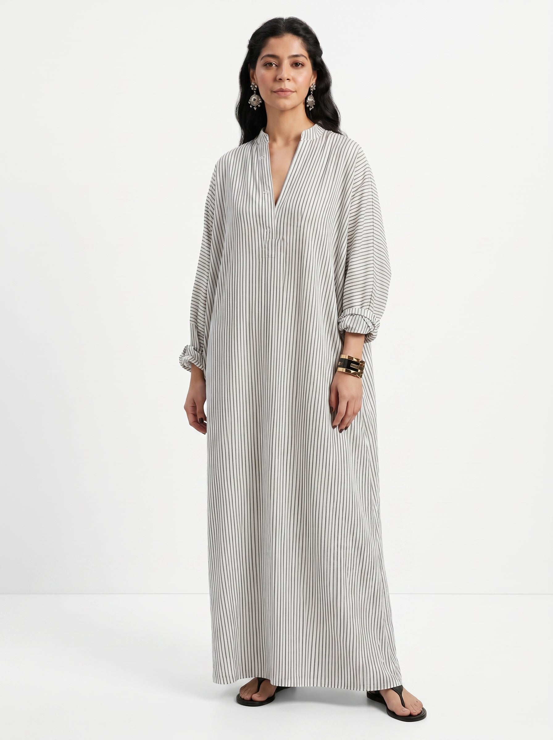 Monochrome Muse Striped Cotton Maxi Shirt Dress