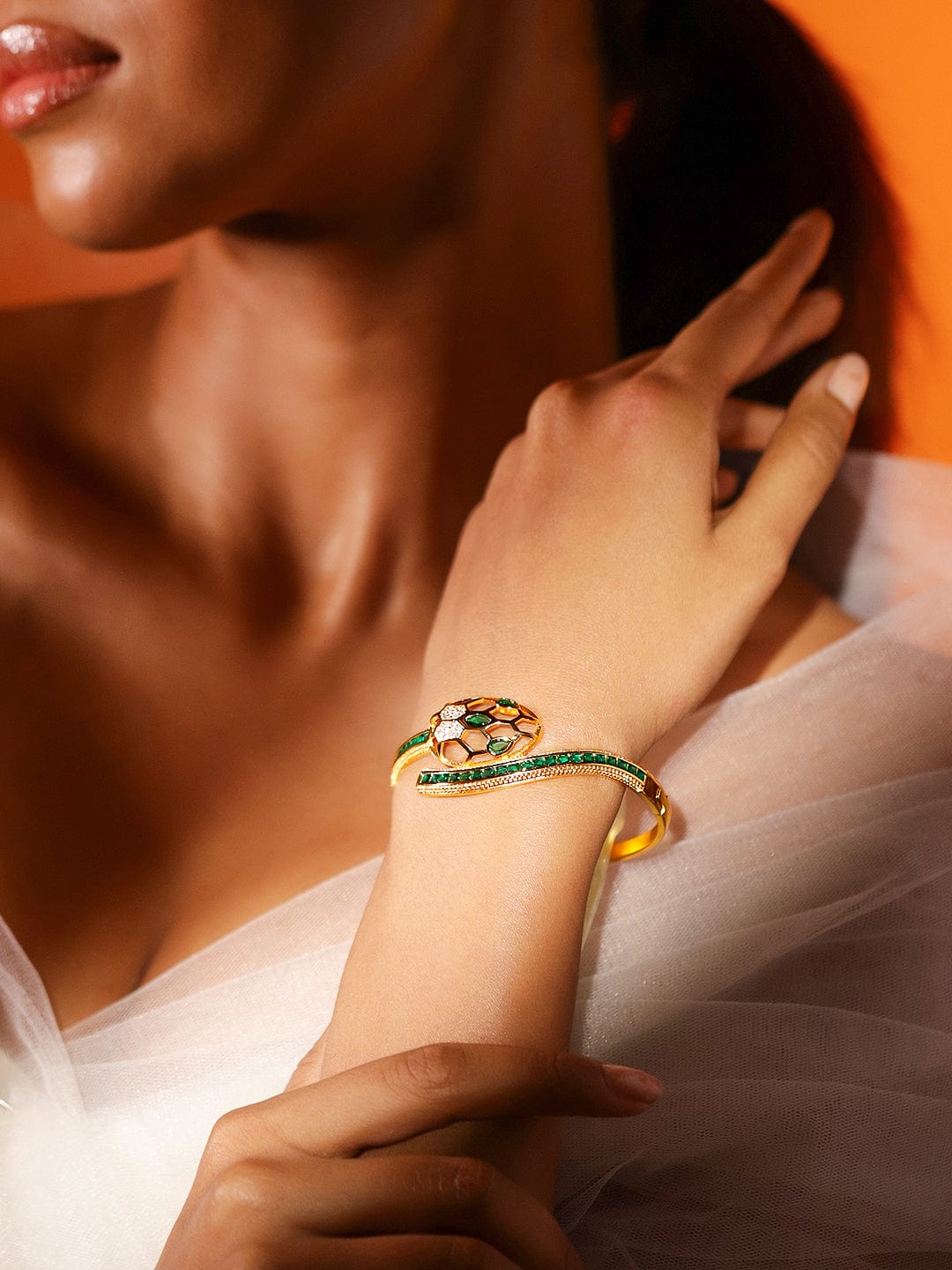 Rubans 22K Gold-Plated Snake Motif Bracelet with Honeycomb Design, Emerald & Zirconia