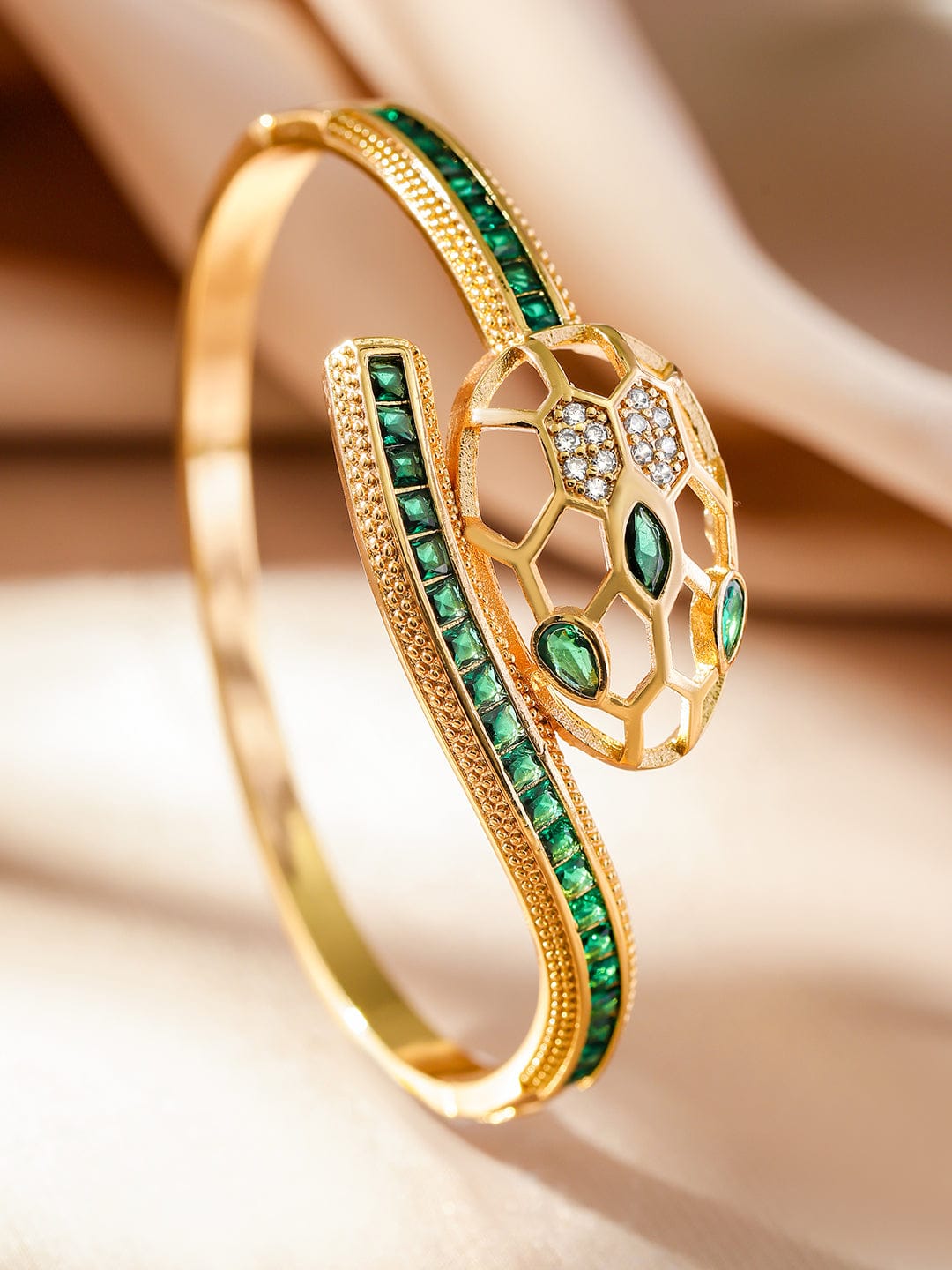 Rubans 22K Gold-Plated Snake Motif Bracelet with Honeycomb Design, Emerald & Zirconia