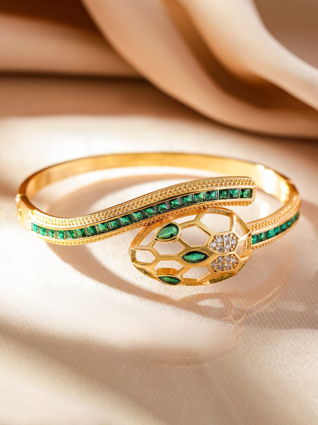Rubans 22K Gold-Plated Snake Motif Bracelet with Honeycomb Design, Emerald & Zirconia