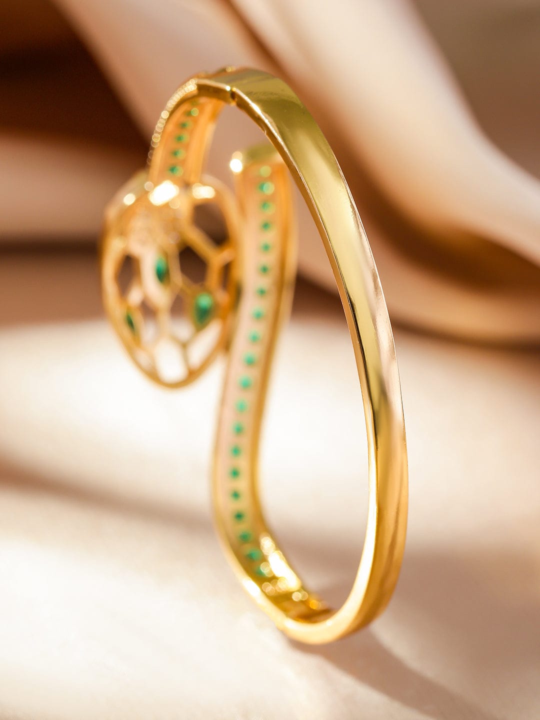 Rubans 22K Gold-Plated Snake Motif Bracelet with Honeycomb Design, Emerald & Zirconia